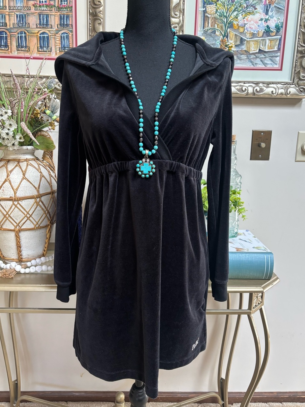 MICHAEL KORS Black Velour Hooded Empire Waist Tunic Silver MK Embellishment